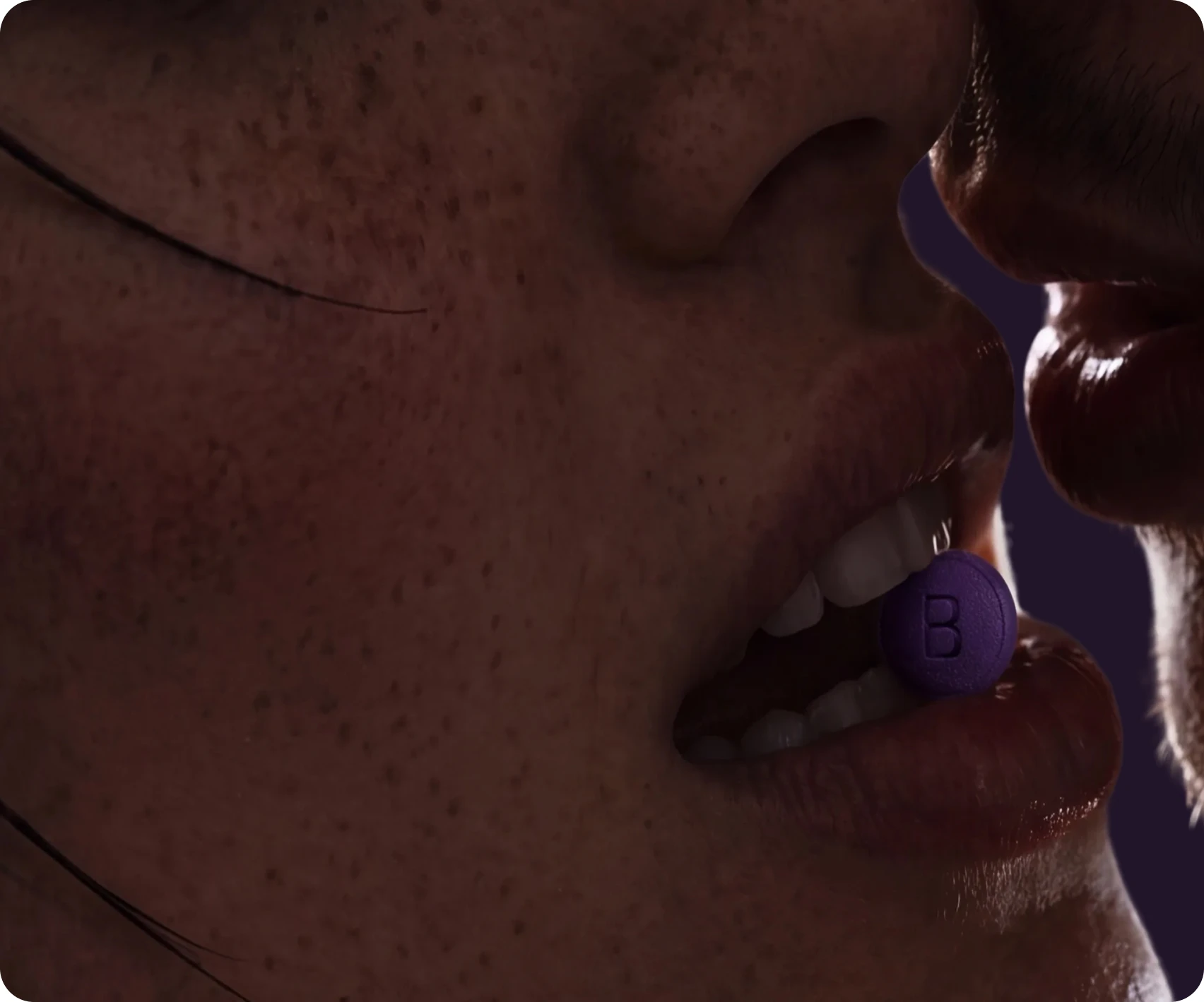 A couple about to kiss with a Libida tablet